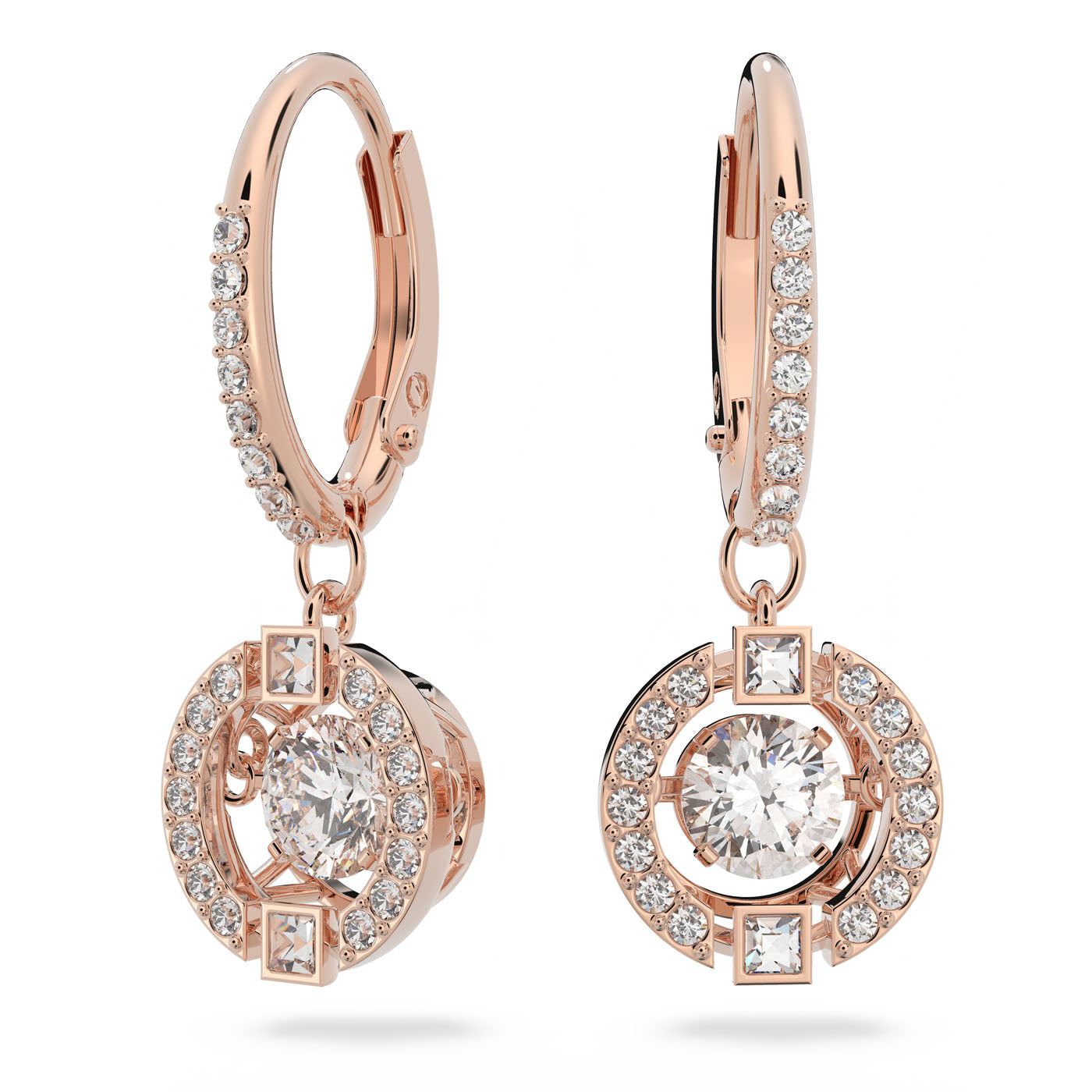 The Swarovski Sparkling Dance Drop Earrings are beautifully designed with an elegant rose-gold tone and feature a circular design adorned with small diamonds. A large central diamond takes center stage, framed by smaller square-cut diamonds at the base, making these earrings a dazzling accessory for any occasion.
