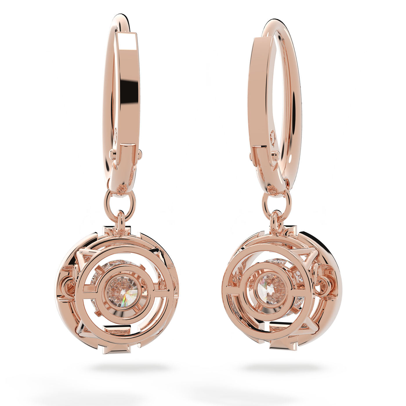 These Swarovski Sparkling Dance Drop Earrings feature circular, intricate geometric designs with a central sparkling gem in a rose-gold tone. The polished hoops hang gracefully, capturing light in true Swarovski elegance.
