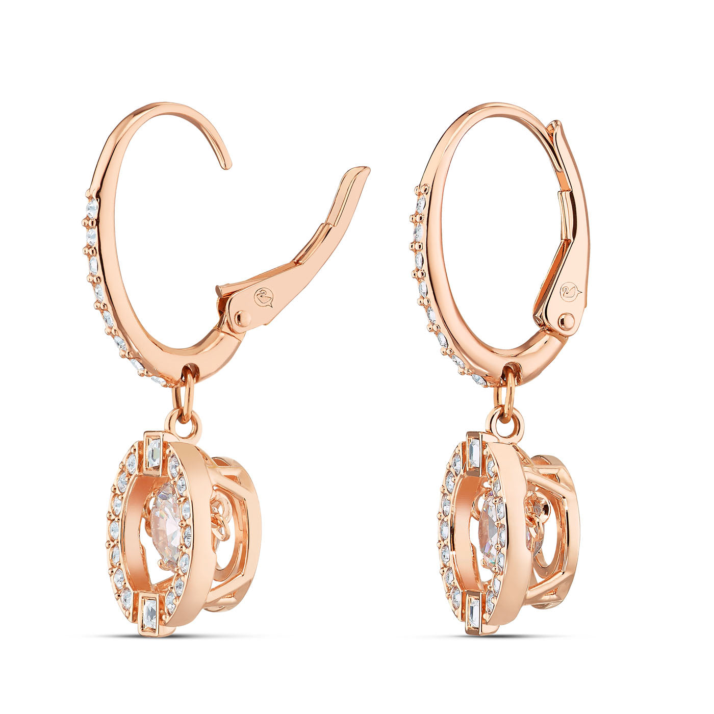 These Swarovski Sparkling Dance Drop Earrings boast a stunning rose-gold tone design with lever-back clasps, featuring hanging double rings adorned with small white crystals. The inner ring showcases a central, larger marquise-shaped crystal, adding elegance and sparkle. Perfect for any occasion.