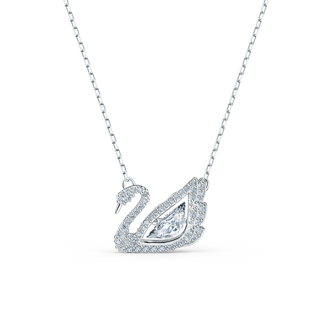 Introducing the Swarovski Dancing Swan Necklace, a refined piece of jewelry from Swarovski. This rhodium-plated necklace boasts a swan-shaped pendant adorned with tiny crystals and highlights a prominent teardrop-shaped crystal at its center. The delicate chain enhances the elegance of this stunning swan necklace.
