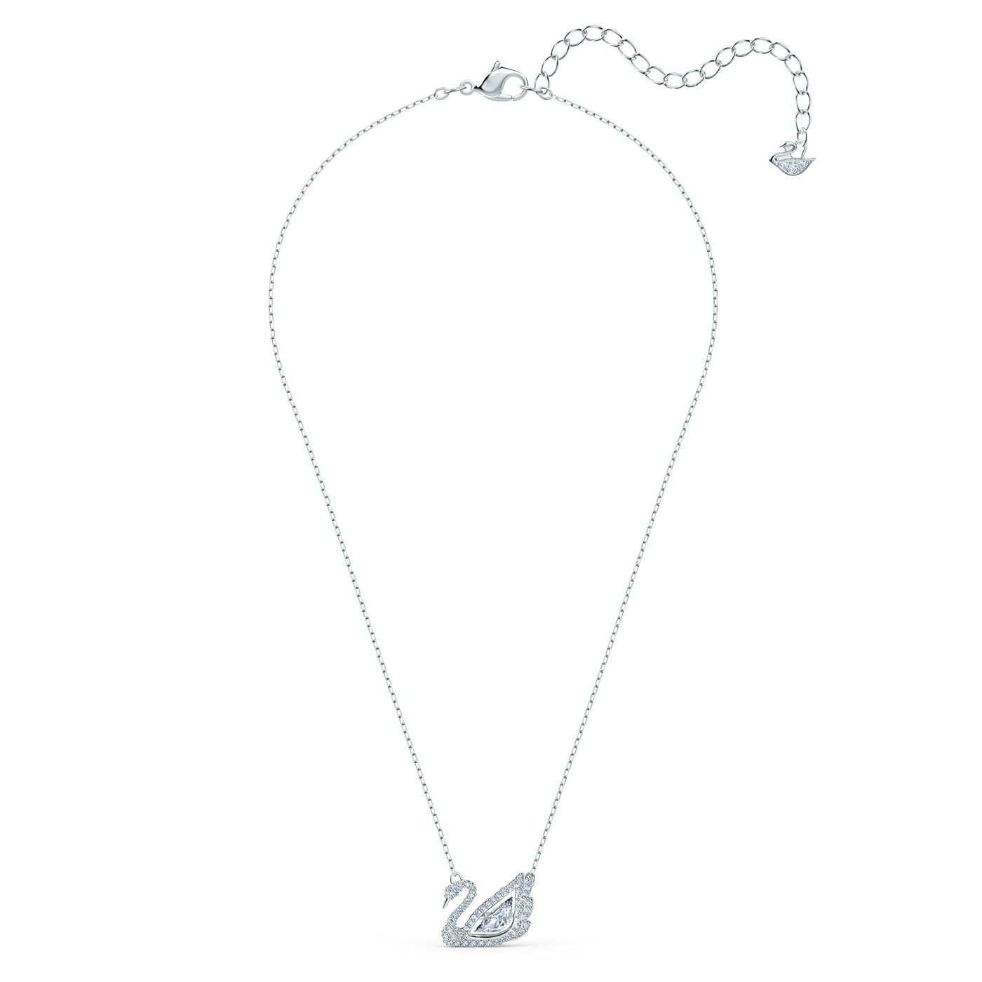 The Swarovski Dancing Swan Necklace features a graceful rhodium-plated chain with an adjustable length and a swan-shaped pendant adorned with shimmering crystals, capturing the timeless elegance of Swarovski jewelry.
