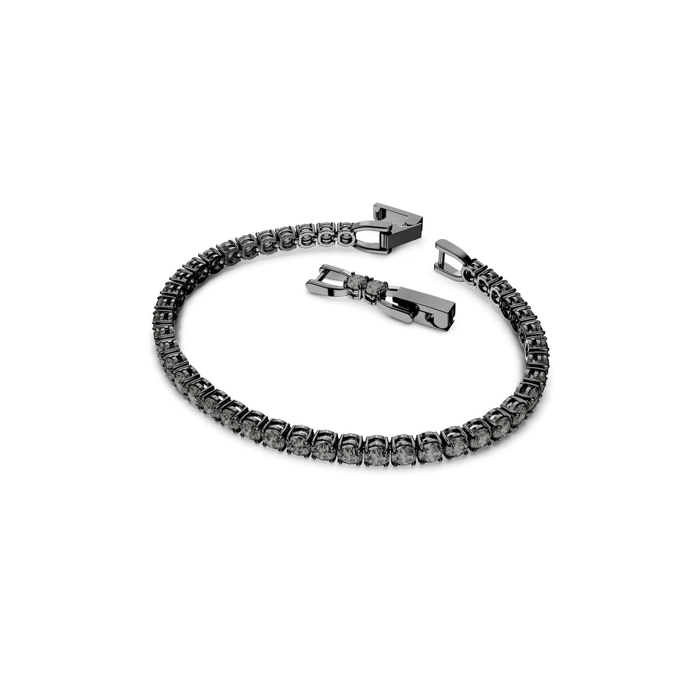 The Swarovski Tennis Deluxe Bracelet, by the renowned brand Swarovski, is a sleek black bracelet inspired by a classic tennis bracelet design. It showcases a line of small round crystals set against a simple white background and includes a secure clasp that adds an elegant and modern touch.