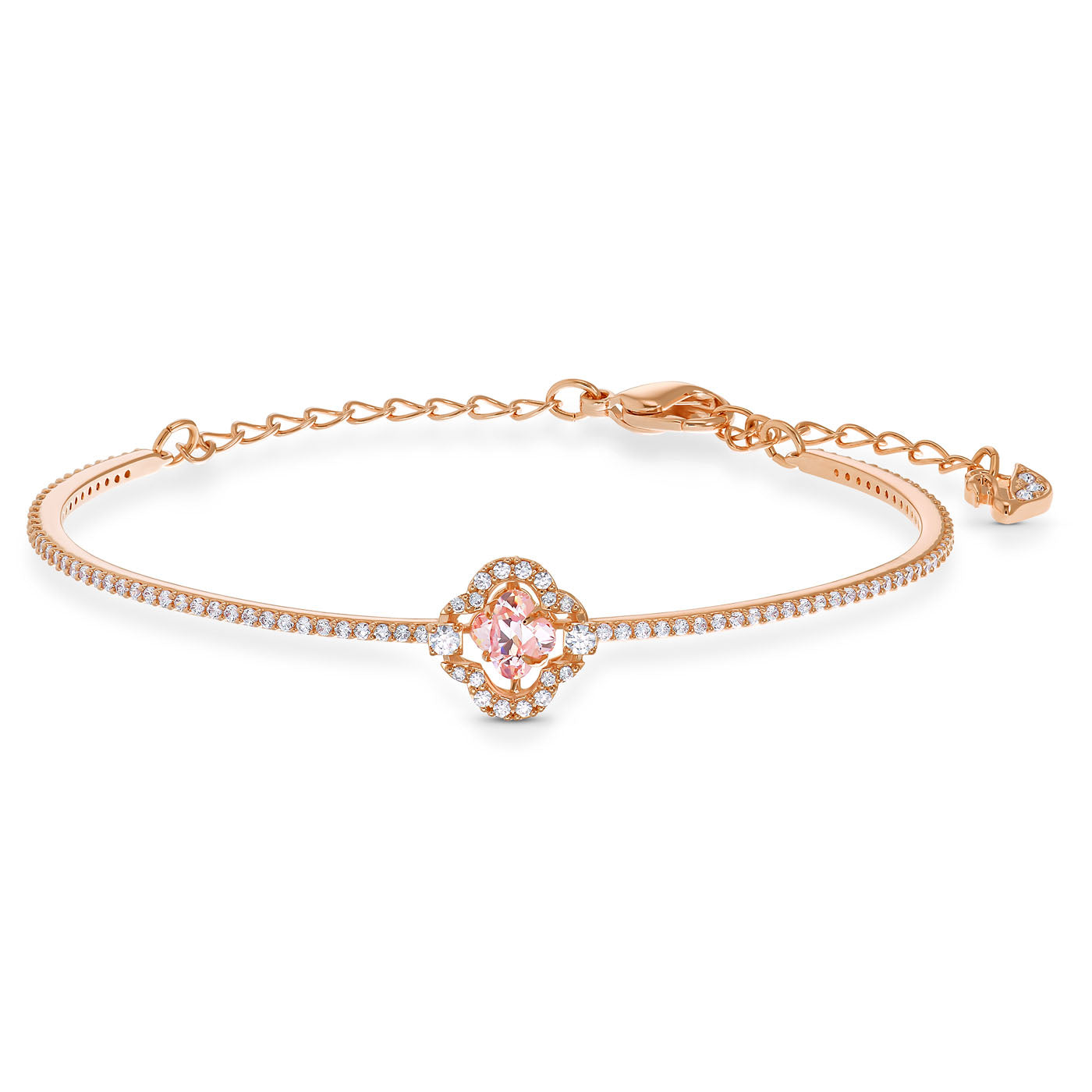 From the Swarovski Sparkling Dance collection, this exquisite rose gold bangle is adorned with a central floral-shaped pink crystal encircled by small sparkling stones. It features an adjustable chain with a lobster clasp and includes a delightful decorative accent at the end.