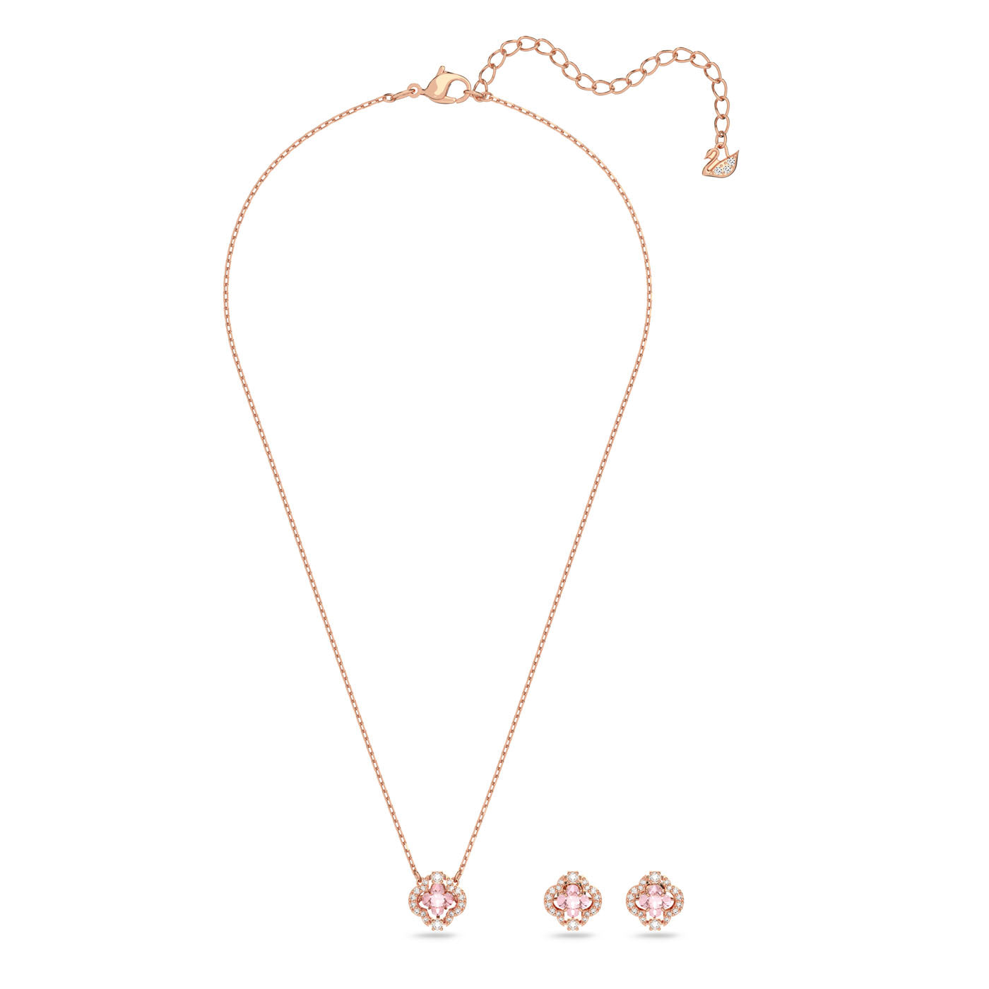 The Swarovski Sparkling Dance Jewellery Set, featuring a rose-gold tone plated necklace with a floral-shaped pendant adorned with a pink clover gemstone, is gracefully complemented by matching earrings. This exquisite set from Swarovski is beautifully showcased against a crisp white background.