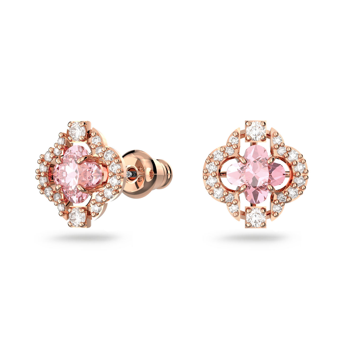 Discover the Swarovski Sparkling Dance Jewellery Set by Swarovski, featuring elegant rose gold tone plated earrings adorned with large pink clover stones encircled by small white gemstones in a stunning floral design. These earrings boast a shiny polished finish and secure backings for enhanced comfort.