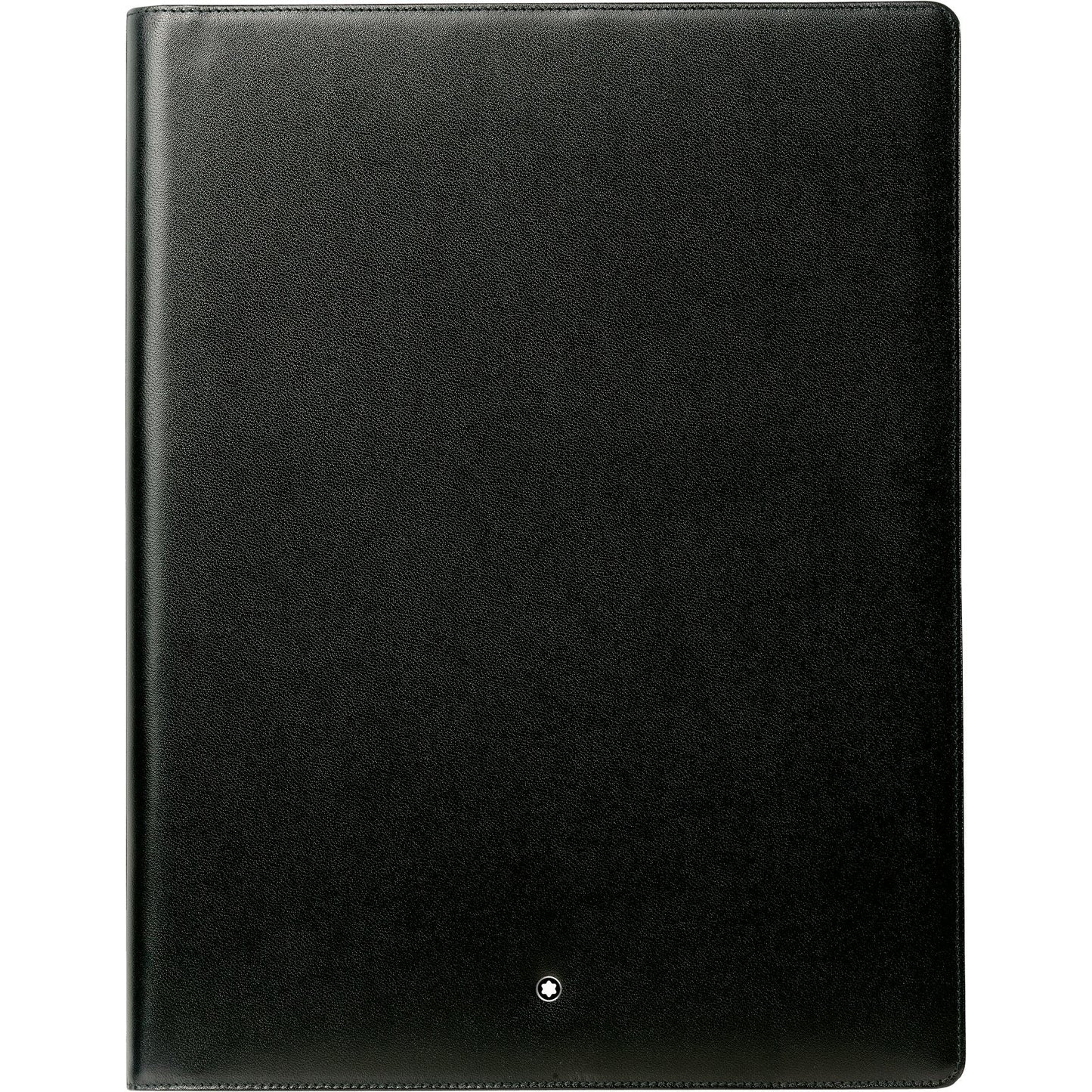 The Montblanc Meisterstück Notepad, crafted from European full-grain cowhide in sleek black leather, features a small circular emblem near the bottom center. It's perfect for organizing essentials with style and sophistication.