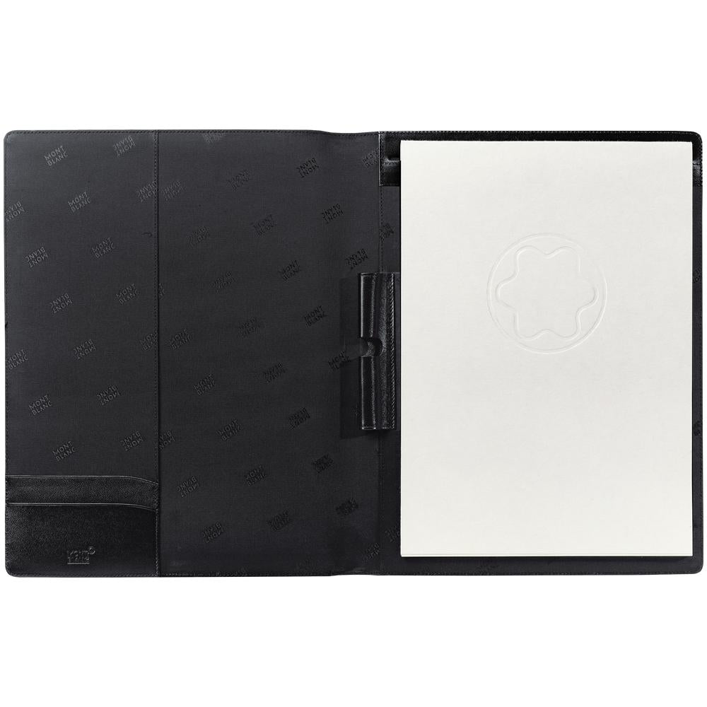 The Montblanc Meisterstuck Notepad, an elegant open folder in black leather crafted from European full-grain cowhide, includes a large notepad on the right with an embossed Montblanc logo. The left side features compartments and a pen holder, while the interior boasts a subtle repeated pattern for added sophistication and functionality.