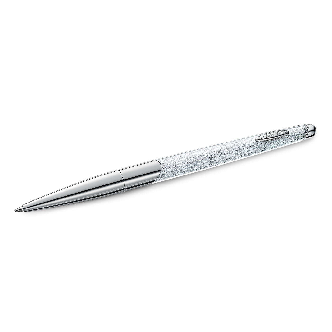 A sleek Swarovski Crystalline Nova Ballpoint Pen with a textured grip and metallic finish, positioned diagonally on a plain white background. The pen features an elegant, modern design adorned with clear crystals, complete with a pointed tip and clip.