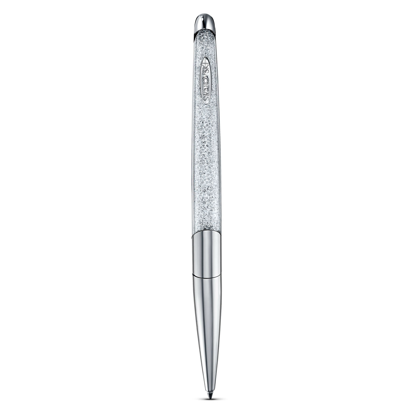 The Swarovski Crystalline Nova Ballpoint Pen by Swarovski features a sleek silver design with a metallic finish and textured grip. It is accented with a polished clip near the top and adorned with clear crystals, embodying elegance and precision in its luxurious design.