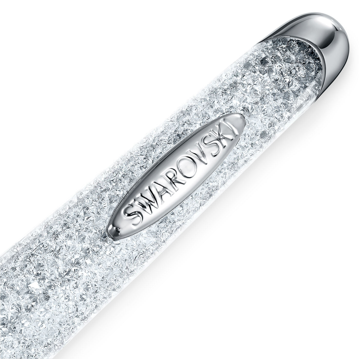 Close-up of the Swarovski Crystalline Nova Ballpoint Pen, showcasing a silver metal clip engraved with "Swarovski" and a body adorned with clear crystals, reflecting light for an elegant and luxurious appearance.