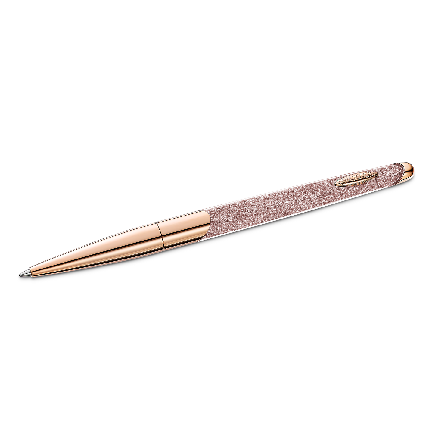 A sophisticated ballpoint pen from Swarovski, featuring a rose gold tone and rose gold-tone plating, with a textured grip against a black background. Its modern and elegant design boasts shiny metallic finishes and is embellished with clear Swarovski Crystalline Nova crystals, adding brilliance to its refined appearance.
