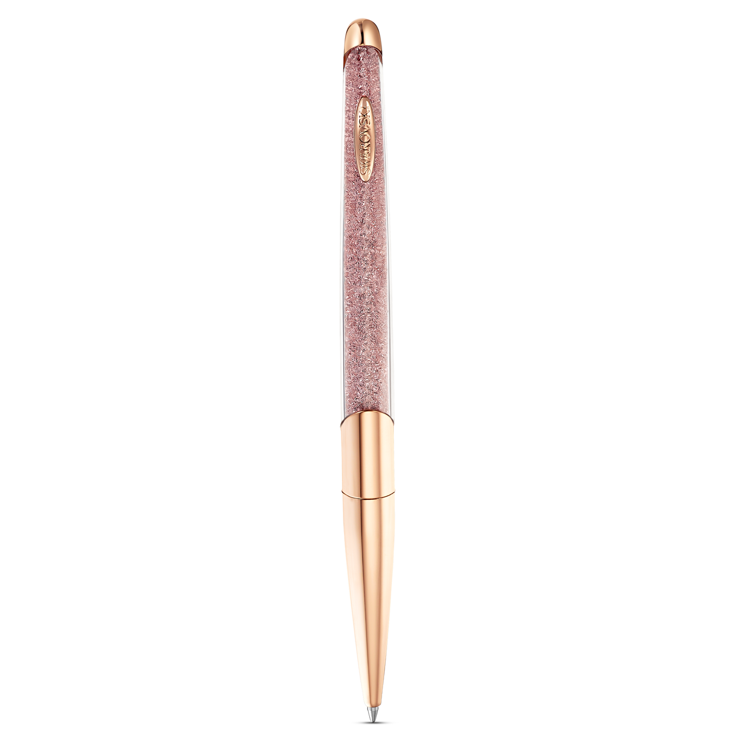 Introducing the Swarovski Crystalline Nova ballpoint pen, a luxurious writing instrument with an elegant rose gold-tone design. This exquisite pen features a textured grip section and a shiny clip adorning the upper part, while dazzling Swarovski Crystalline Nova clear crystals are beautifully set against its plain white background.