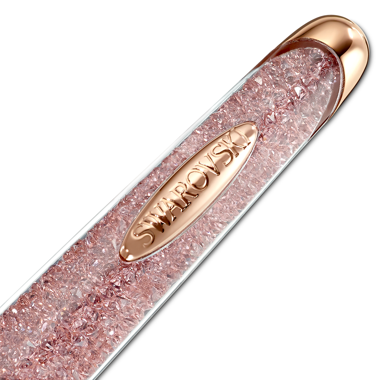 Close-up of the Swarovski Crystalline Nova ballpoint pen tip with a rose gold-tone plated finish, showcasing a band of pink and clear crystals and featuring the Swarovski name engraved on a metal accent. The black background accentuates the luxurious design of this exquisite pen.