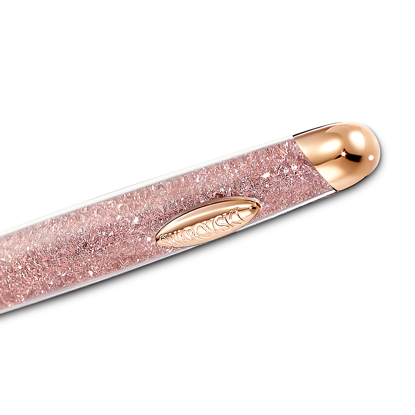 Close-up of a sparkly Swarovski Crystalline Nova ballpoint pen with a rose gold-tone finish, featuring an engraved design on the tip and emblem. The pen is angled diagonally against a black background and adorned with clear crystals that accentuate its textured and shiny surface.