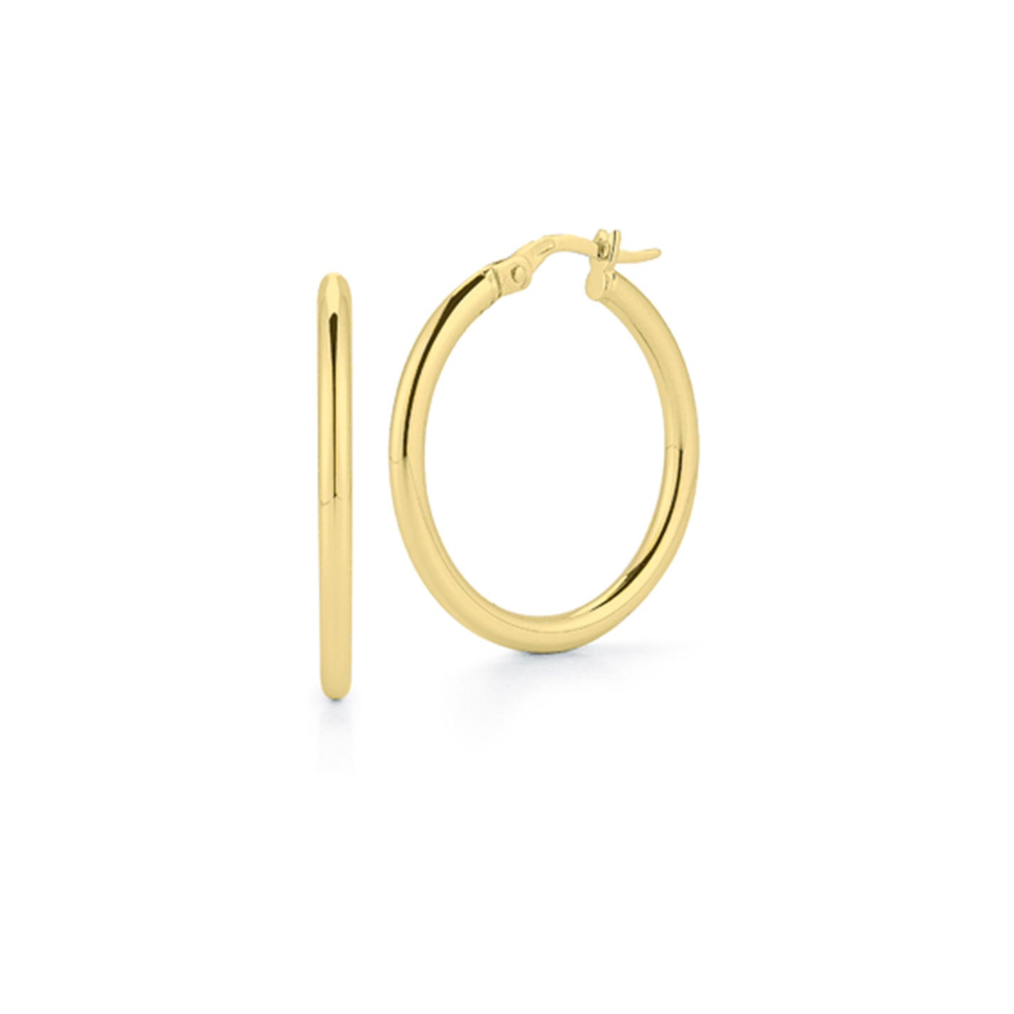 The Roberto Coin Designer 18K Yellow Gold Small Round Hoop Earrings are showcased against a white background. One earring is viewed from the side, emphasizing its sleek profile, while the other is shown facing forward to highlight its circular shape and minimalist clasp.