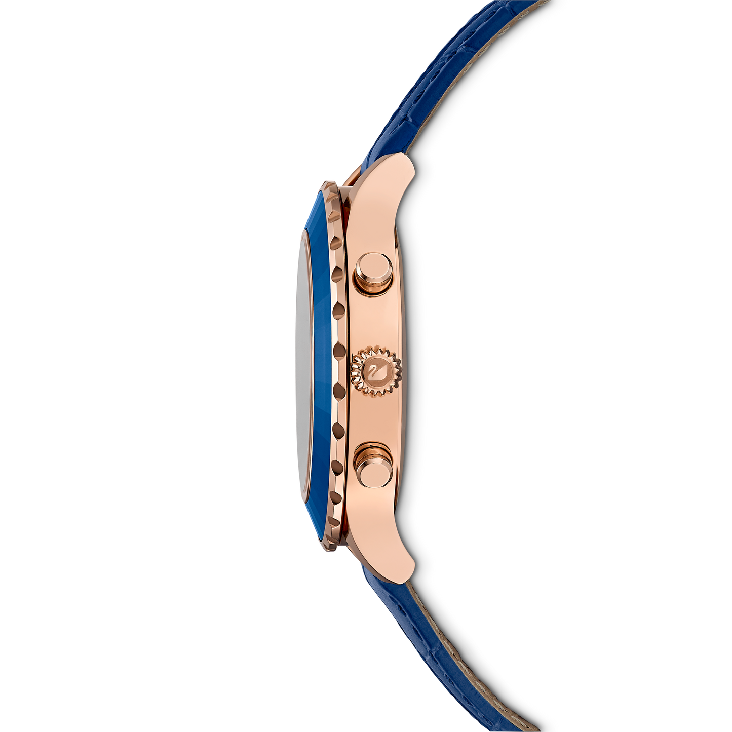 Side view of the Swarovski Octea Lux Chrono watch, Swiss Made, featuring a rose gold-tone finish and a blue leather strap. The watch is designed with a blue bezel and crown on the side, displayed against a black background.