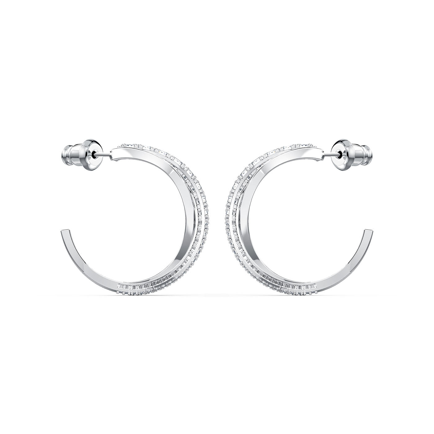 The Swarovski Twist Hoop Earrings, crafted by the renowned brand Swarovski, boast a double-row design adorned with dazzling white stones. These pierced earrings feature post back closures and a polished finish, elegantly showcased against a plain white background.