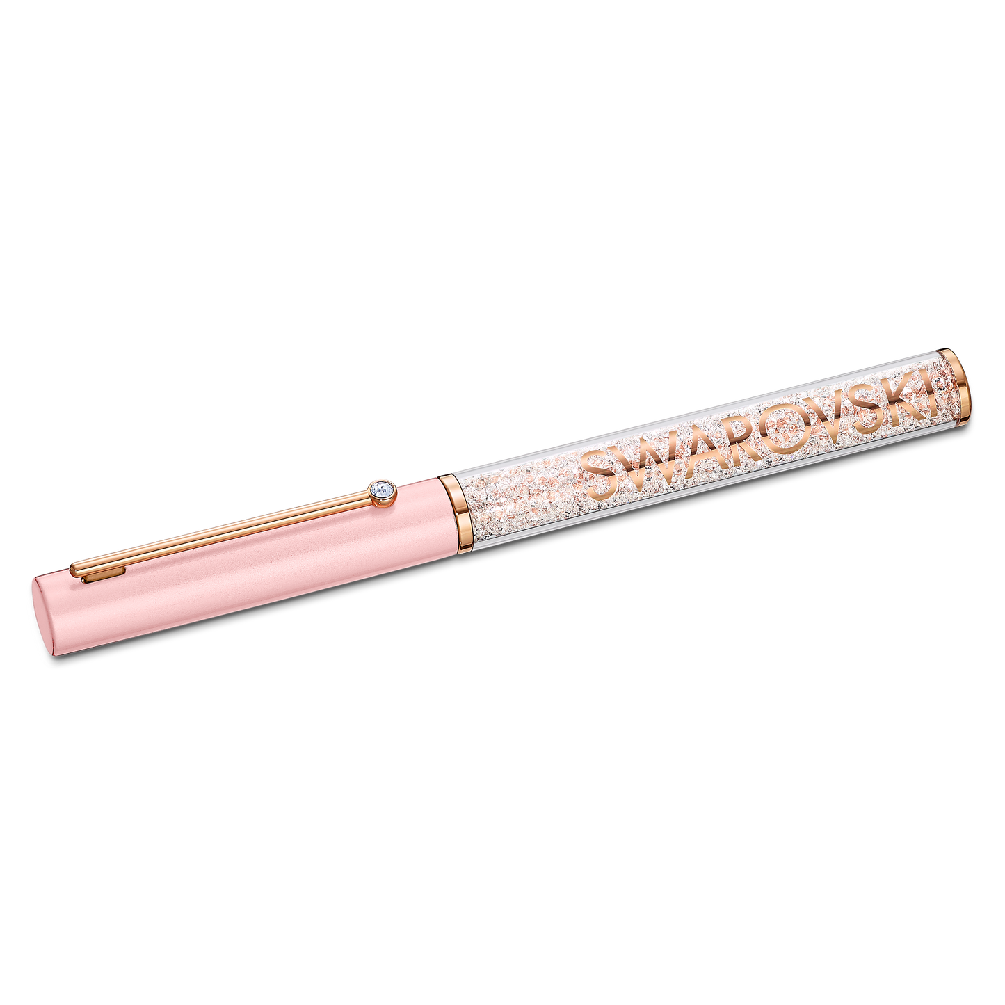 Experience the elegance of the Swarovski Pink Crystalline Gloss Ballpoint Pen, showcasing a sleek rose-pink cap and a clear body adorned with sparkling crystals crafted through the exquisite Crystalline technique. The brand name "Swarovski" is elegantly displayed in gold letters on the pen's body.