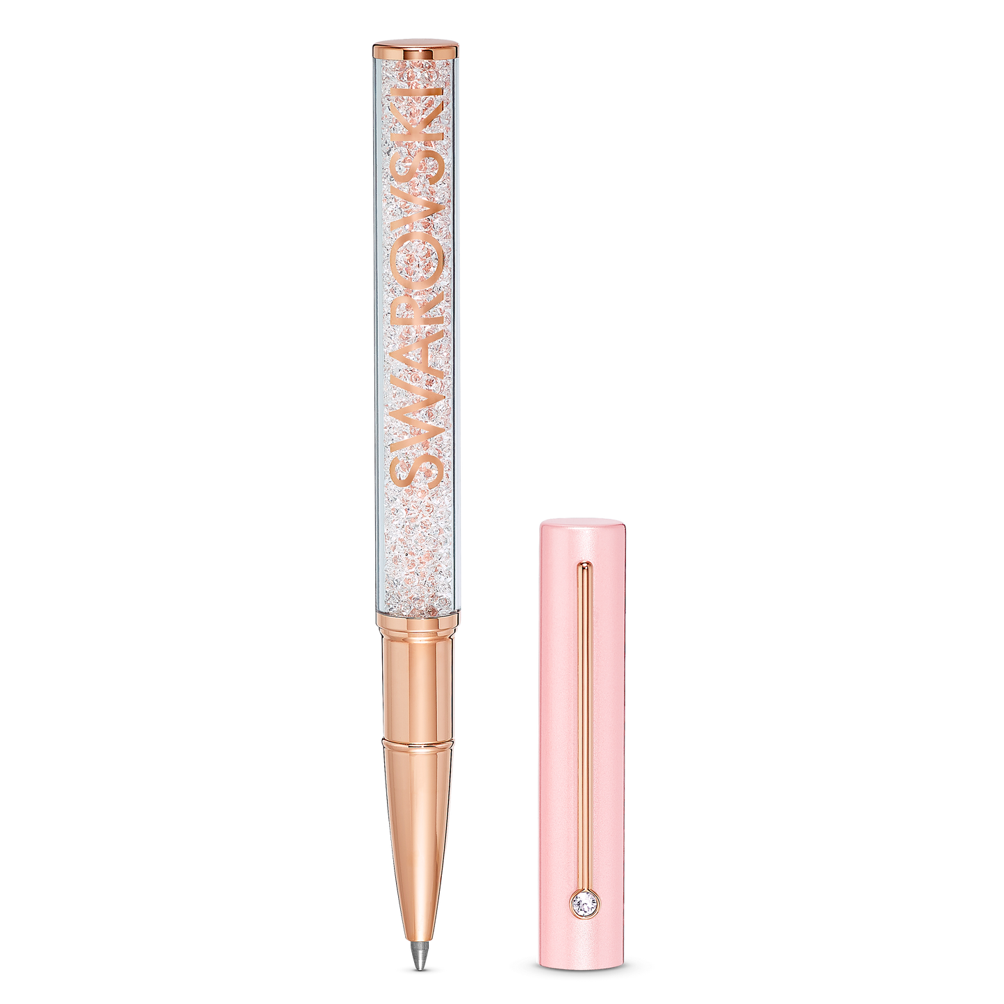 Introducing the Swarovski Pink Crystalline Gloss Ballpoint Pen, a sophisticated writing instrument featuring a rose gold body. The transparent upper section is filled with sparkling crystals, and the pen cap boasts an exquisite crystal embellishment.