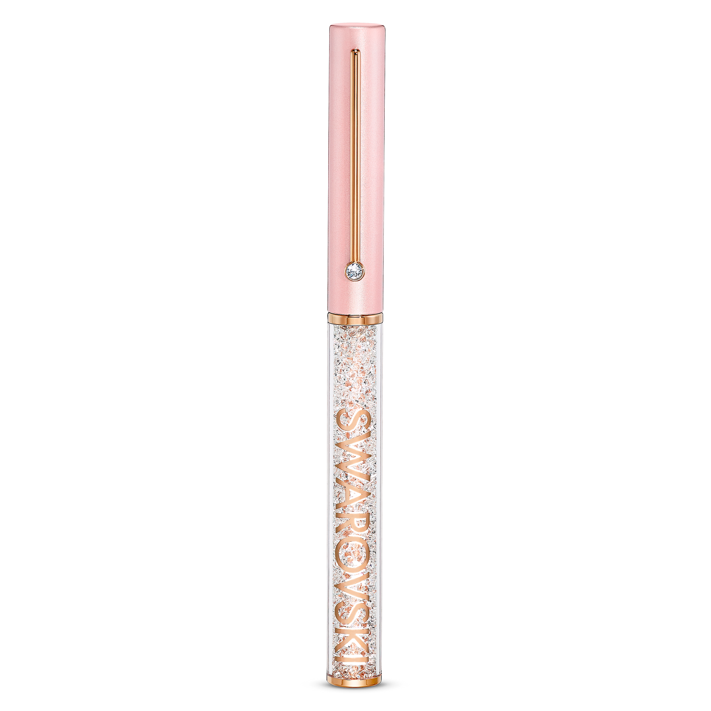 The Swarovski Pink Crystalline Gloss Ballpoint Pen exudes luxury with its pink cap, gold clip, and clear barrel adorned with shimmering crystals. Its elegance is elevated by the Crystalline technique, with "Swarovski" beautifully showcased on the barrel.