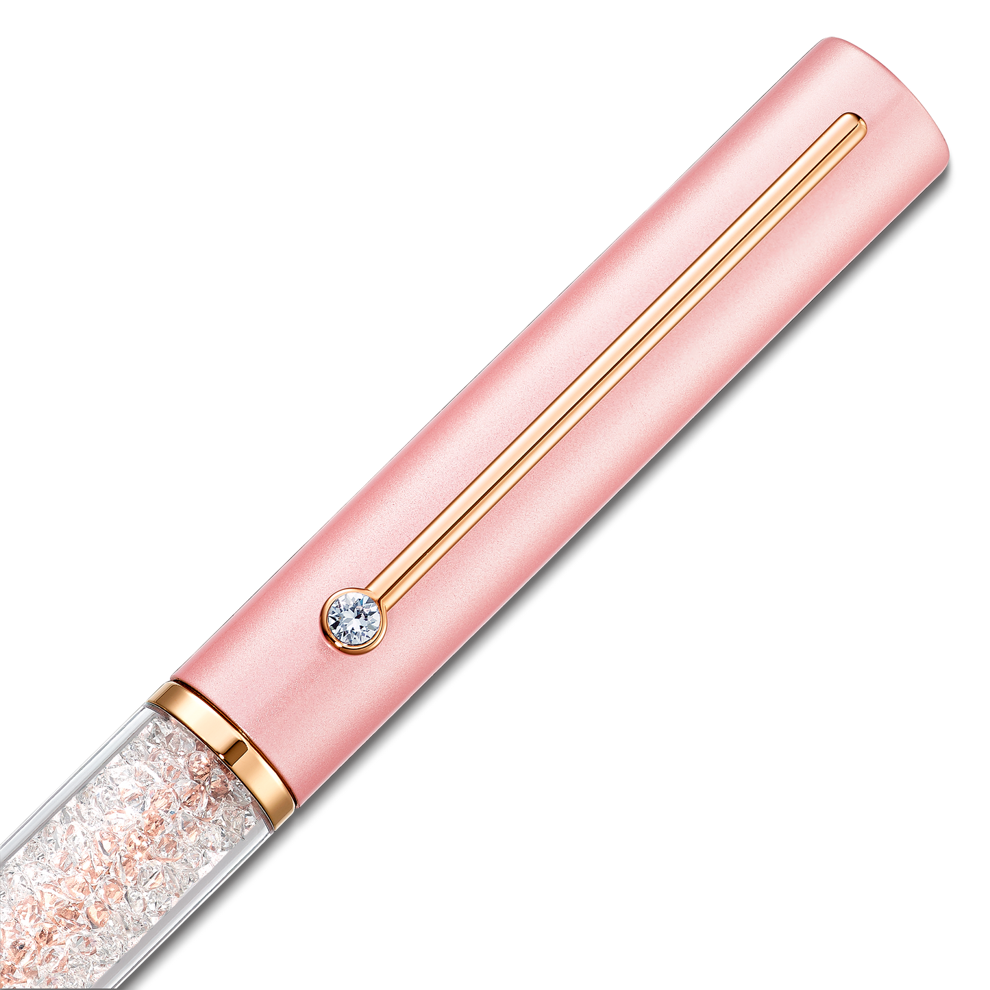 The Swarovski Pink Crystalline Gloss Ballpoint Pen is a luxurious writing instrument in pink, showcasing a gold clip and a diamond-like accent. Its partially transparent body reveals glittering crystals inside, crafted with the Crystalline technique. Set against a black background, this pen exudes sophistication and elegance.
