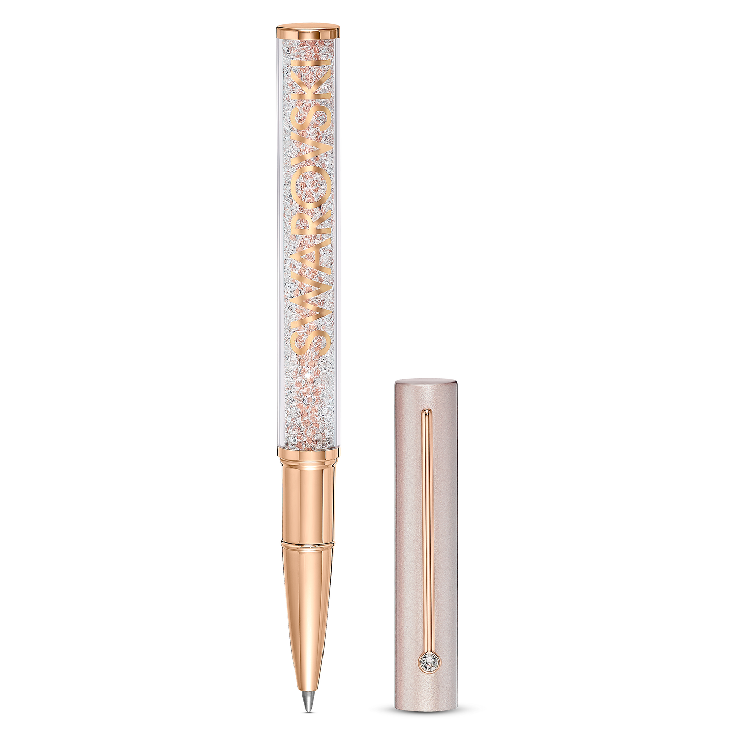 The Swarovski Pink Crystalline Gloss Ballpoint Pen exudes luxury with its vintage rose crystal design, featuring a rose gold-colored barrel and a transparent section embellished with crystals. The cap, in the same elegant rose gold color, is tastefully highlighted by a single crystal near the clip for an opulent touch.