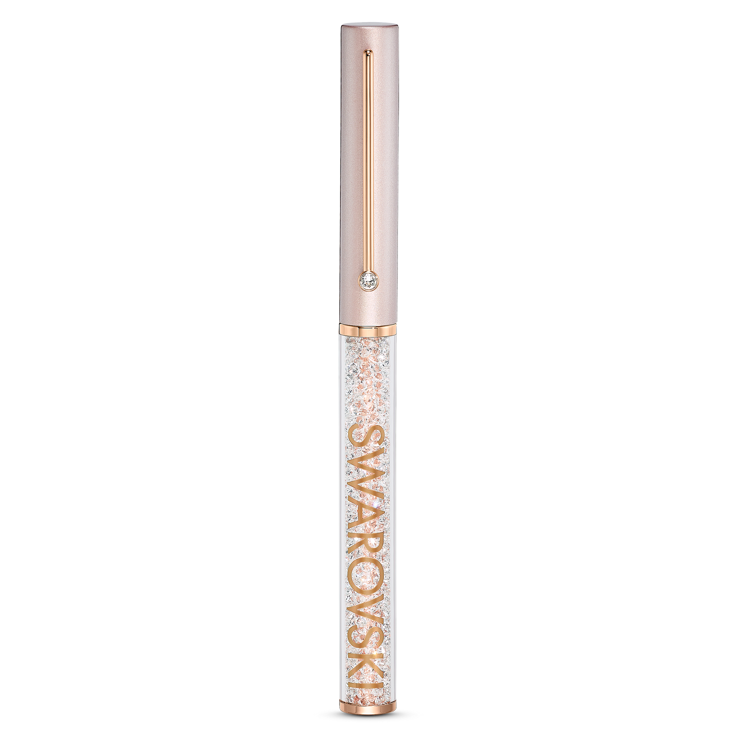 The Swarovski Pink Crystalline Gloss Ballpoint Pen features a luxurious rose gold finish with a clear barrel intricately adorned with crystals using the Crystalline technique. The rose gold cap is accented by a vintage rose crystal at the top, perfectly paired with the Swarovski logo inscribed in gold on the side.