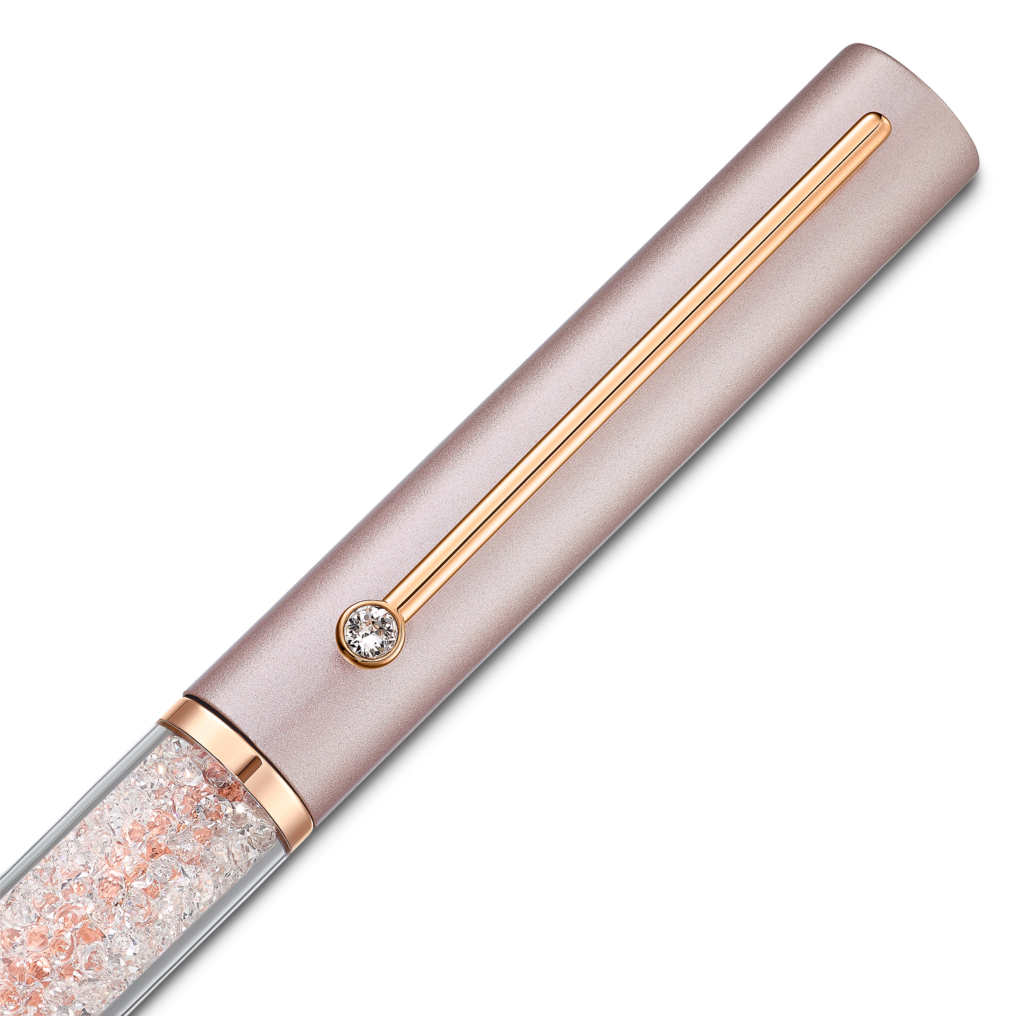 Explore the Swarovski Pink Crystalline Gloss Ballpoint Pen, a sophisticated metallic wonder with a rose gold clip and accent. The pen showcases a clear section filled with small, sparkling crystals using the Crystalline technique, creating an elegant contrast against its plain black background.