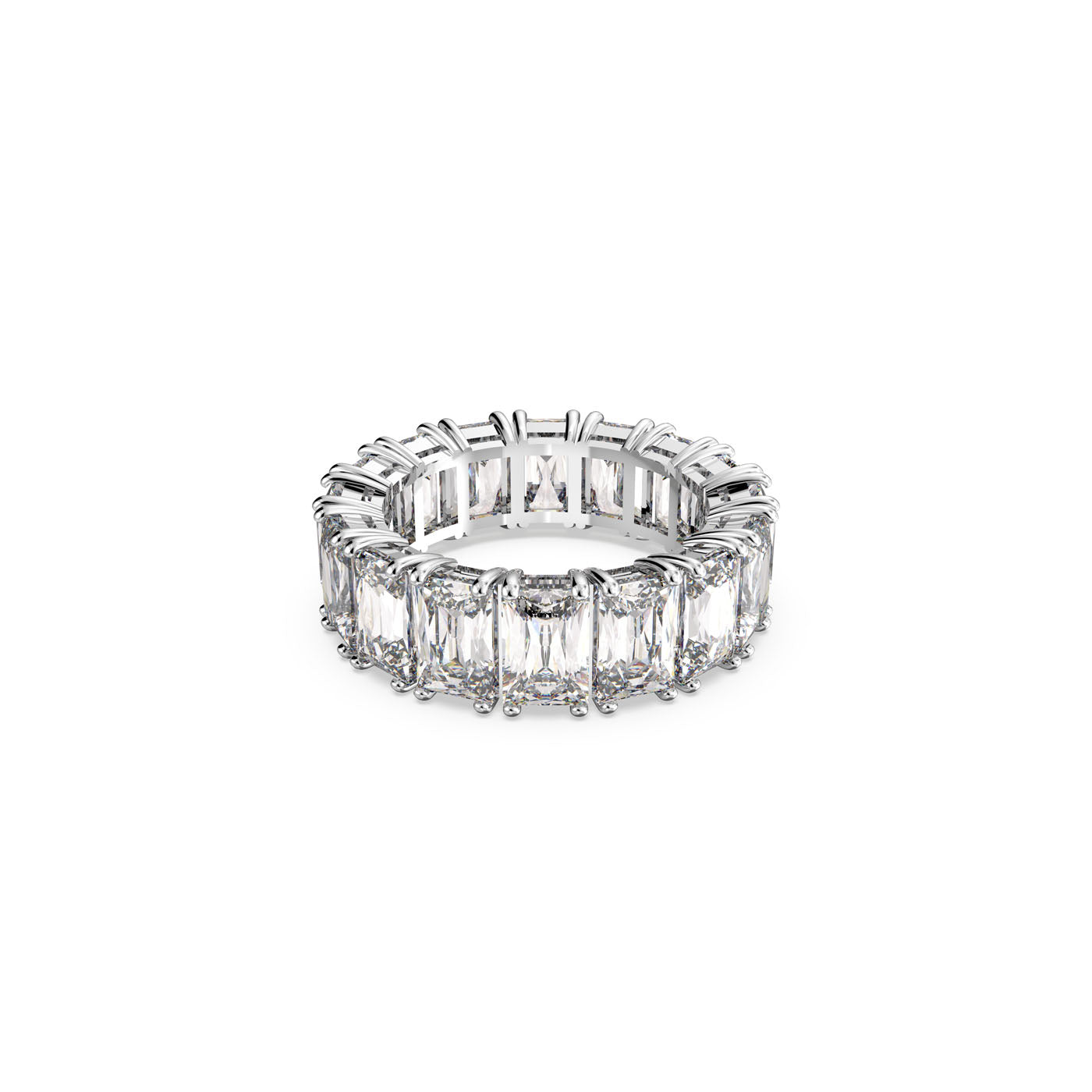 The Swarovski Vittore Rectangular Cut Ring presents a polished, symmetrical design, featuring sparkling stones reminiscent of an elegant jewelry piece. Each gemstone is securely held by prongs, creating a continuous line that highlights the beauty synonymous with the Swarovski brand.