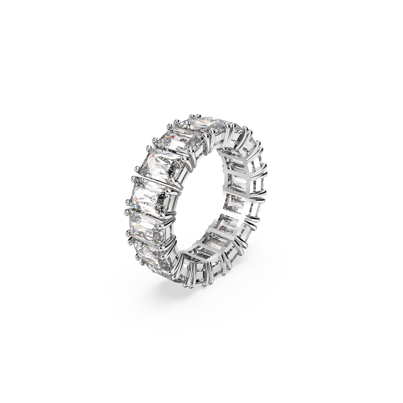 Uncover the charm of the Swarovski Vittore Rectangular Cut Ring, a stunning creation by Swarovski. This silver eternity band is adorned with multiple rows of sparkling stones, showcasing rectangular-cut diamonds that form a seamless loop of radiance. The ring’s intricate setting elevates its elegance against a simple white backdrop, making it an ideal choice for those who adore sophisticated jewelry.