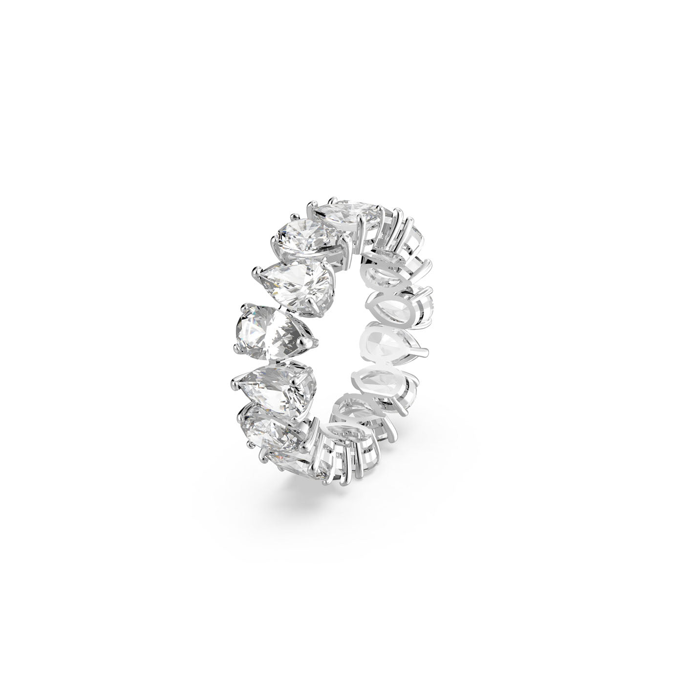 The Swarovski Vittore Drop Cut Ring is a stunning piece from Swarovski, featuring a continuous loop of large, triangular-cut clear gemstones set in a claw setting. This trendy stacking ring offers sparkling beauty with its elegant design against a white background.