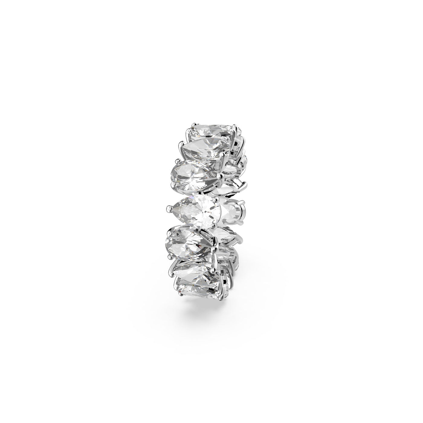 The Swarovski Vittore Drop Cut Ring from Swarovski epitomizes sparkling beauty with its continuous band design, featuring a sequence of large, clear gemstones. The elegant and shiny ring is elegantly displayed on a plain white background.