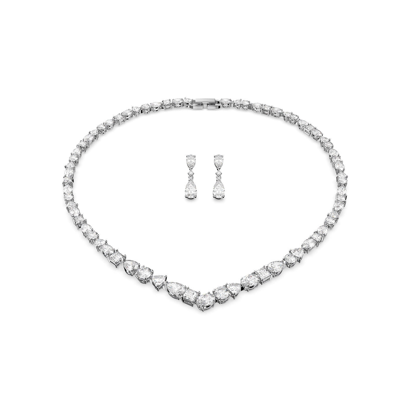 The Swarovski Mixed Cuts Tennis Deluxe V Necklace and Earring Set includes a stunning V-shaped necklace paired with matching drop earrings, all beautifully crafted in rhodium-plated white metal and showcased against a white background.