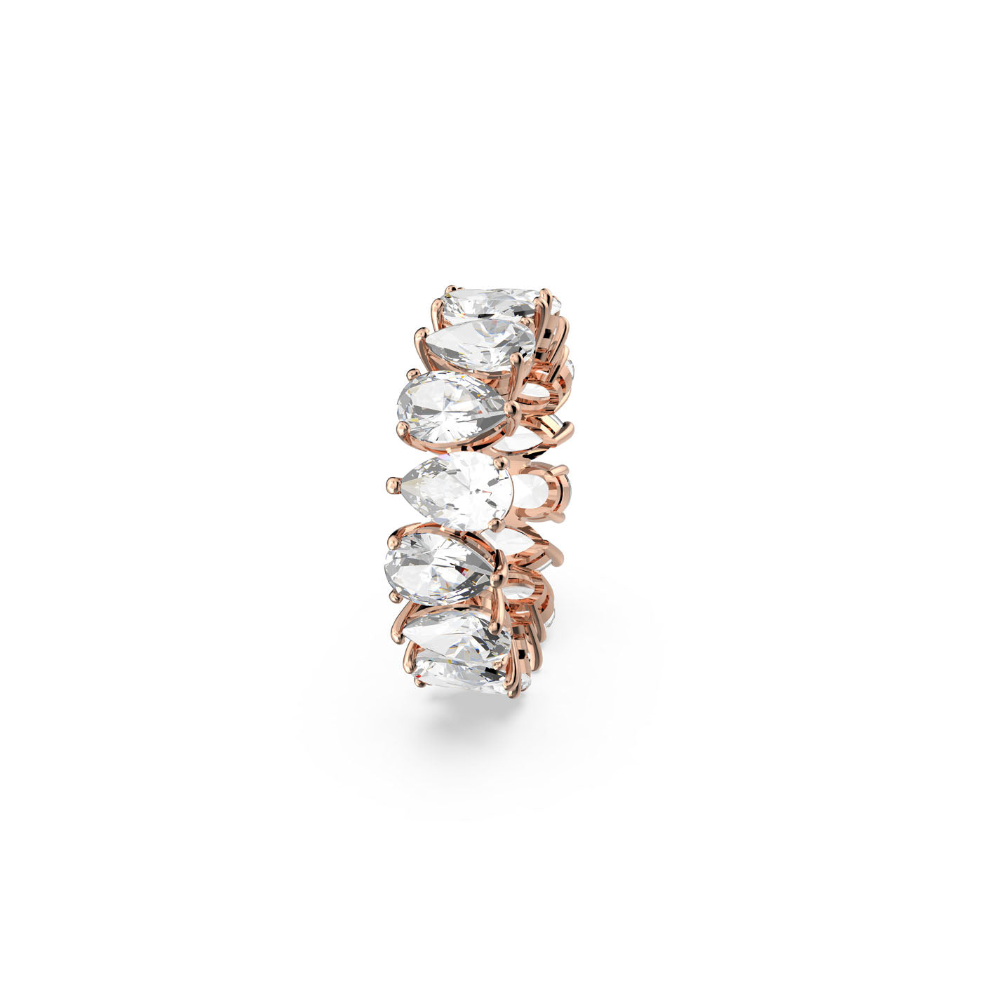 The Swarovski Vittore Drop Cut Ring from Swarovski is an elegant gold band adorned with a vertical row of large, round faceted stones, adding a sophisticated sparkle against the plain white background.