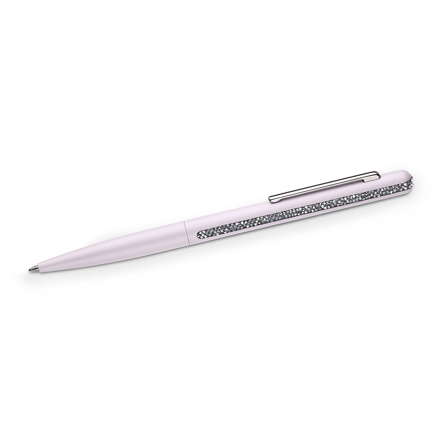 The Swarovski Crystal Shimmer Ballpoint Pen, featuring a pink lacquered barrel, silver clip, and a decorative band adorned with small crystal-like embellishments using the Crystal Rocks technique, is displayed diagonally against a white background.