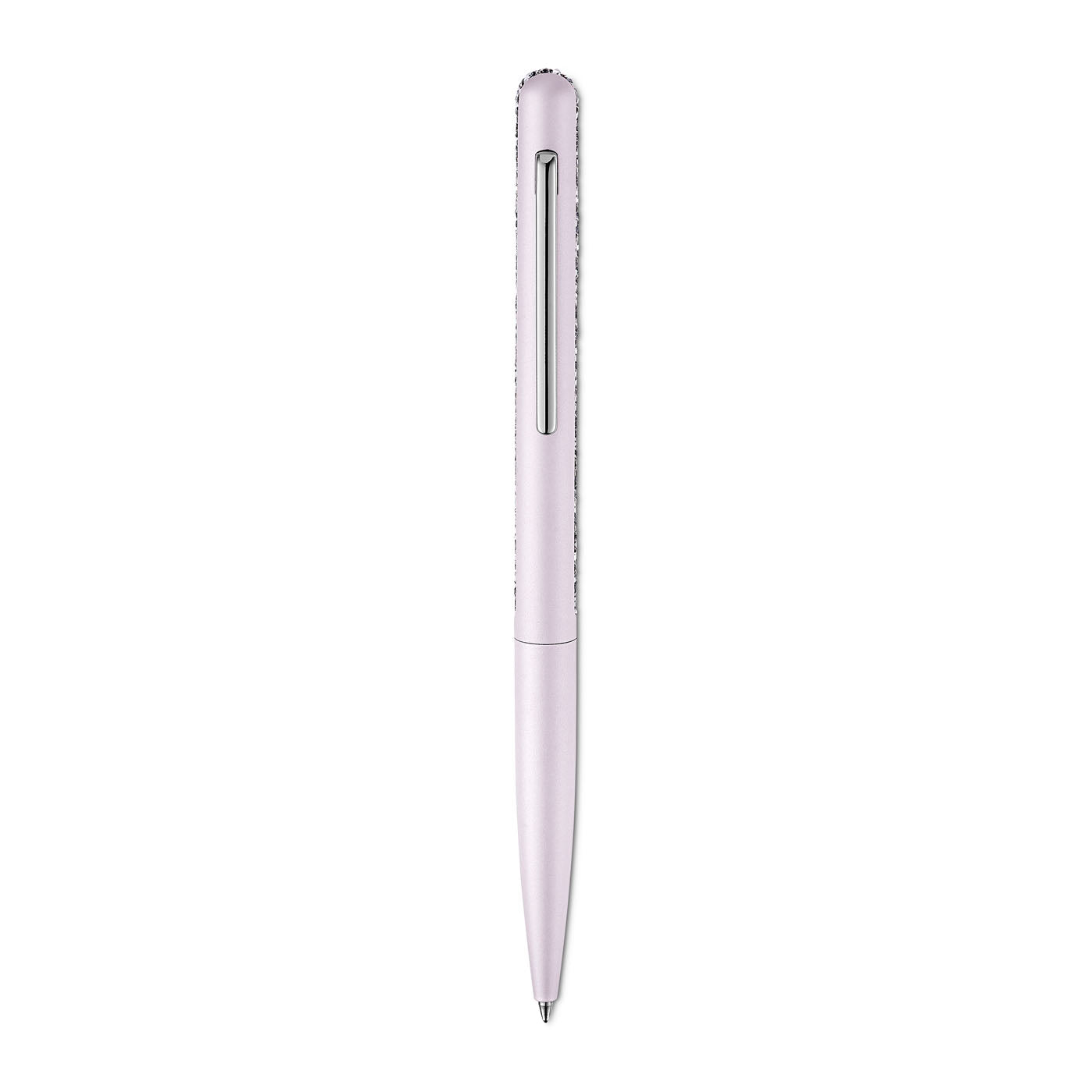 The Swarovski Crystal Shimmer Ballpoint Pen is poised vertically against a plain white background, highlighting its elegant design and featuring a cap with a clip.