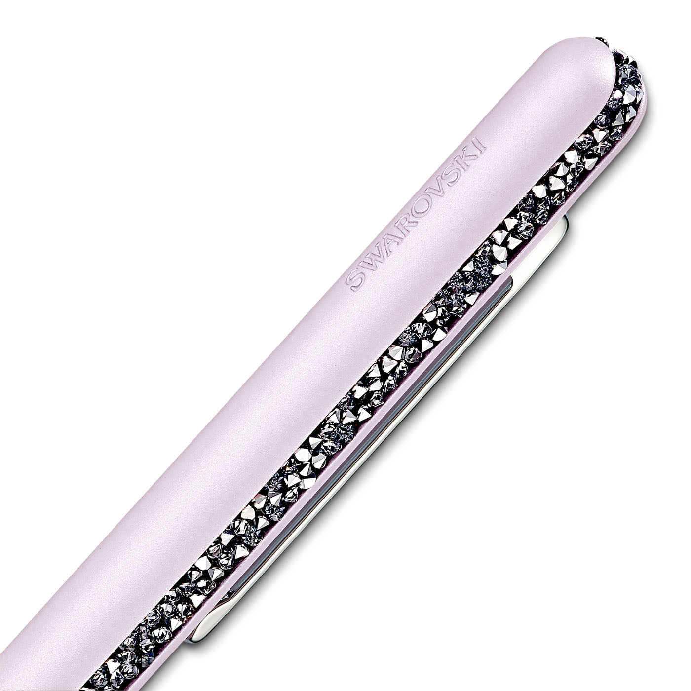 A close-up view of the Swarovski Crystal Shimmer Ballpoint Pen showcases its pink lacquered barrel embellished with sparkling crystals and a sleek side clip. Its refined design, utilizing the Crystal Rocks technique, exudes luxury and sophistication.