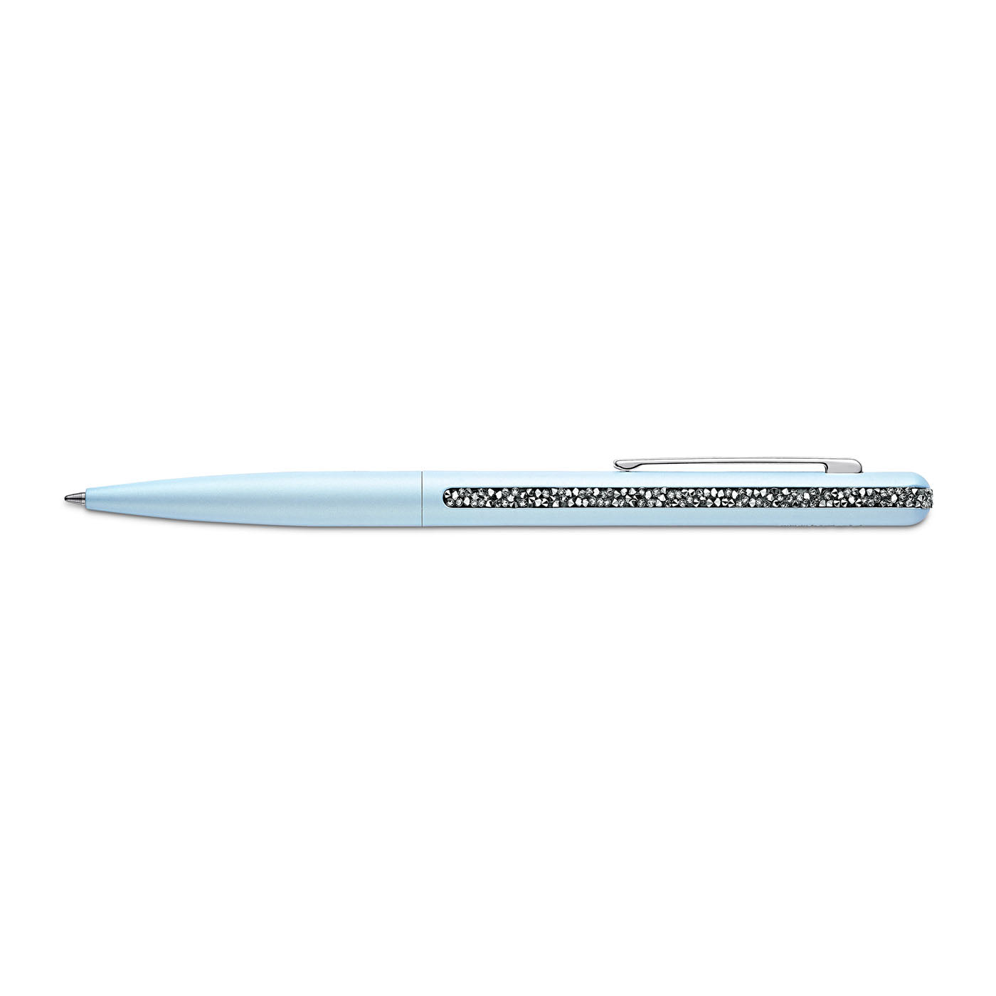 A chic Swarovski Crystal Shimmer Ballpoint Pen in light blue, featuring a metal clip and adorned with a row of glittering crystals along its body, set against a plain white background.