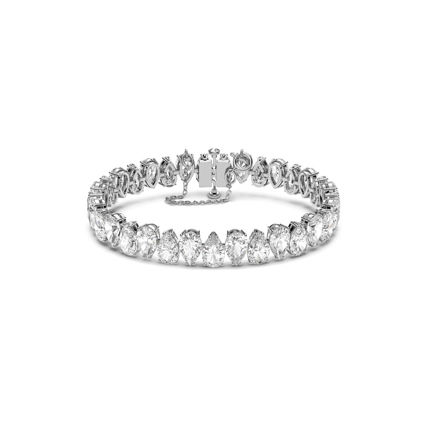 The Swarovski Pear Cut Crystal Millenia Bracelet showcases a dazzling array of pear and round-cut crystals, set in rhodium-plated silver. The articulated design is beautifully presented in a closed circular position on a plain white background.