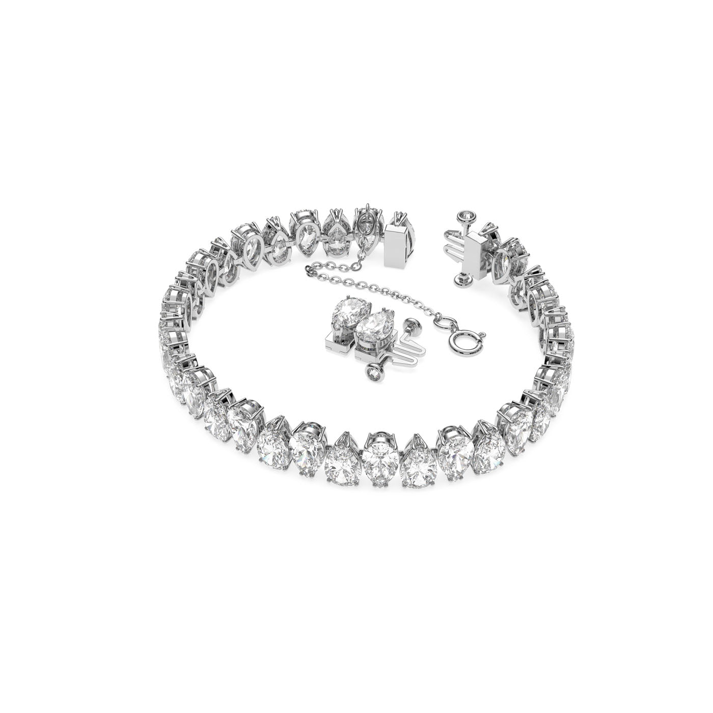 The Swarovski Pear Cut Crystal Millenia Bracelet, from the illustrious brand Swarovski, showcases pear-shaped crystals arranged in a stunning circular pattern. This rhodium-plated bracelet features a secure clasp and an elegant chain extension, offering both style and sophistication with its brilliant shine.