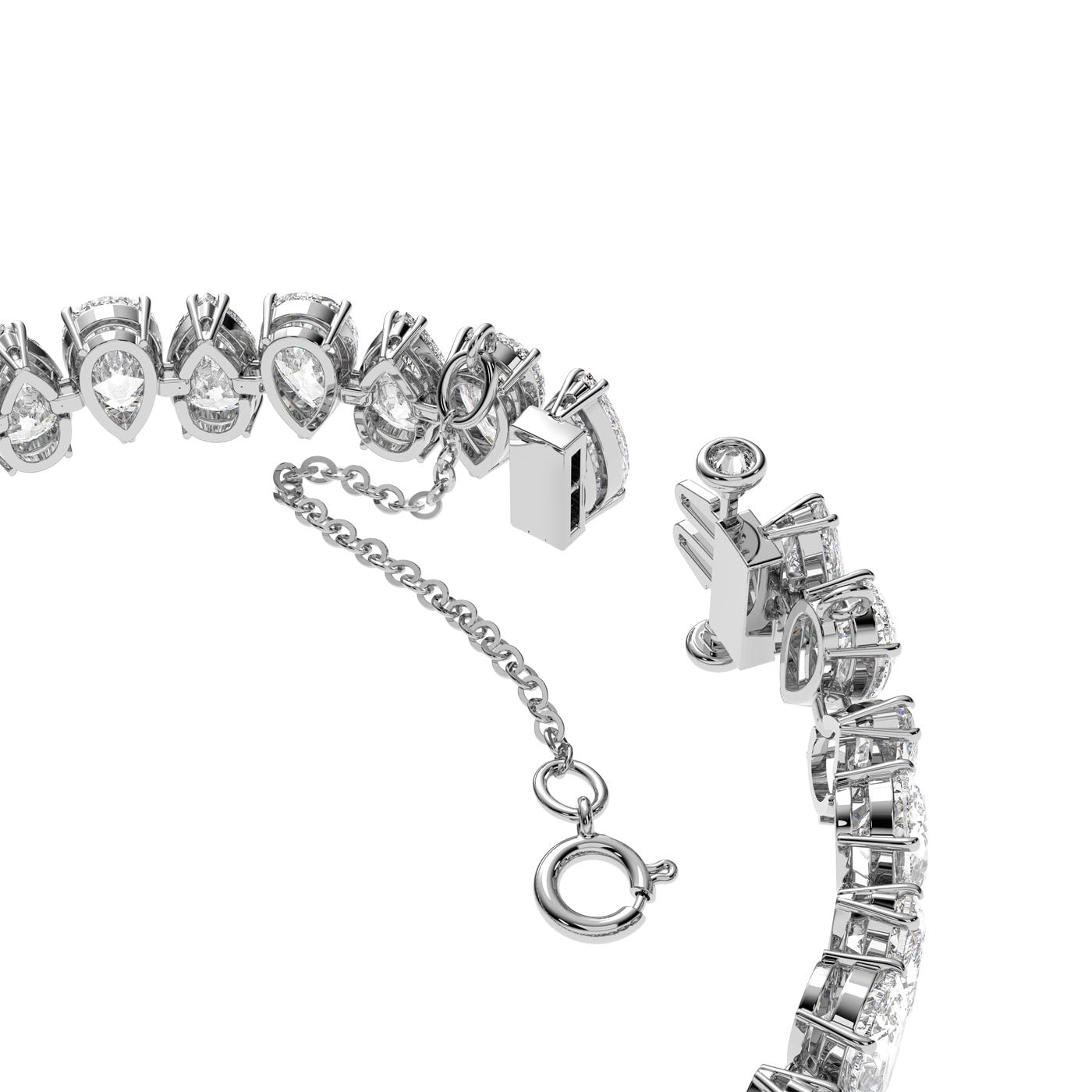 The Swarovski Pear Cut Crystal Millenia Bracelet by Swarovski is a rhodium-plated silver piece, adorned with pear-cut crystals and featuring a delicate safety chain with a round clasp. Elegantly curved, this articulated bracelet showcases intricate settings for each dazzling stone.