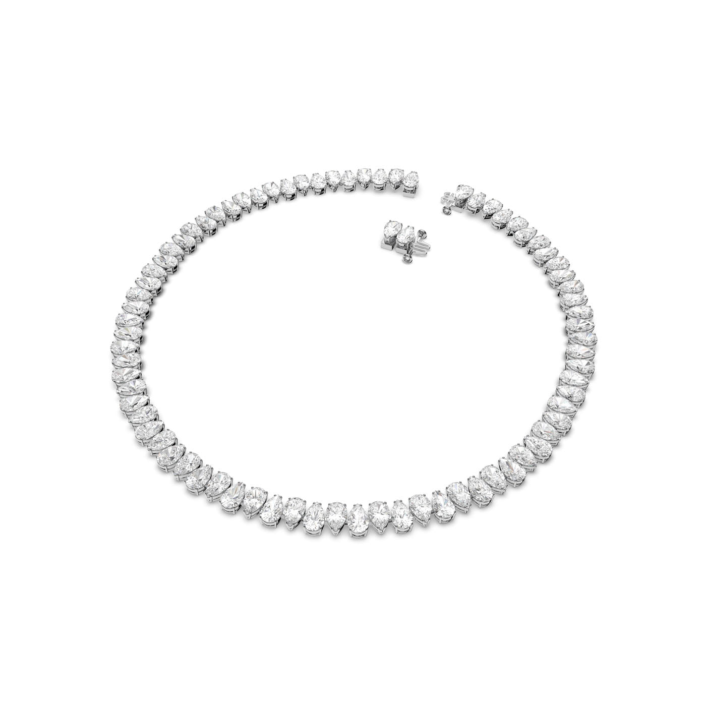 A Swarovski Pear Cut Zirconia Millenia Necklace and matching earrings are displayed on a white background. The rhodium-plated necklace showcases a continuous row of zircons, while the earrings feature single pear-cut zircon studs.
