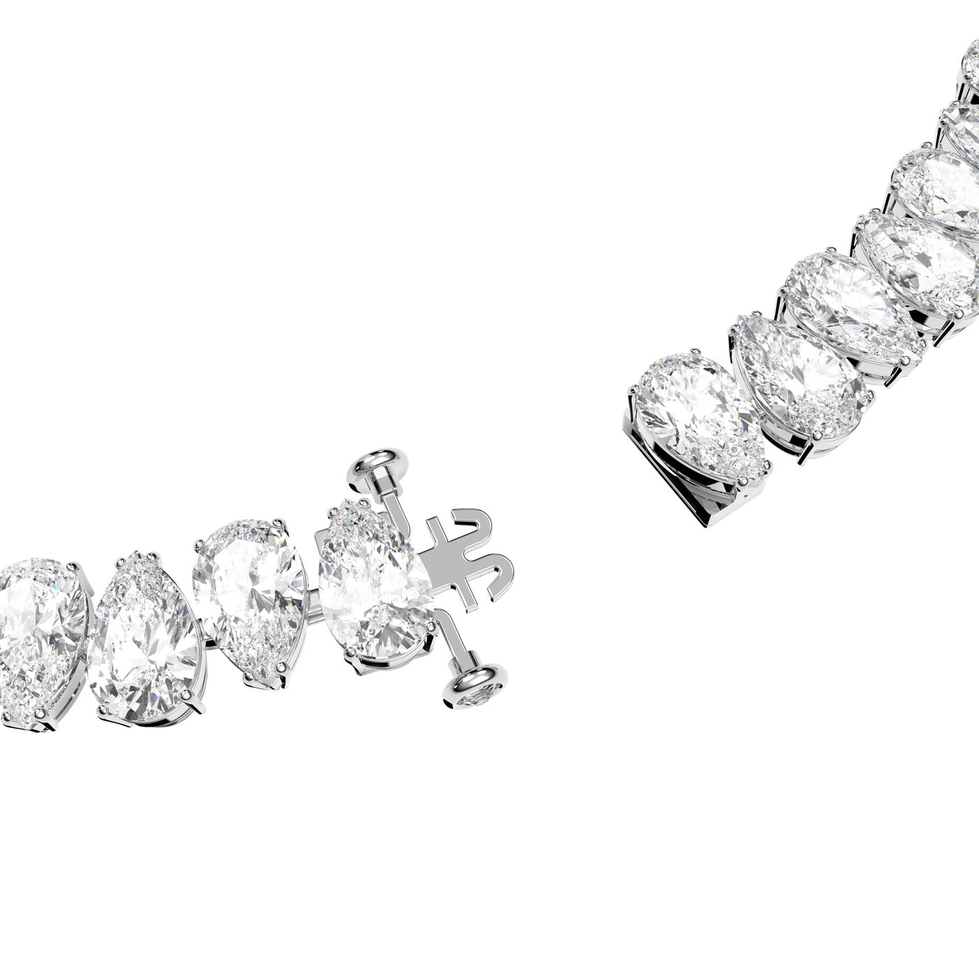 A close-up of a sparkling Swarovski Pear Cut Zirconia Millenia Necklace, highlighting a series of pear-cut zirconia stones set in a metal chain. The focus is on the intricate clasp mechanism, which is slightly open, showcasing the necklace's fine details.