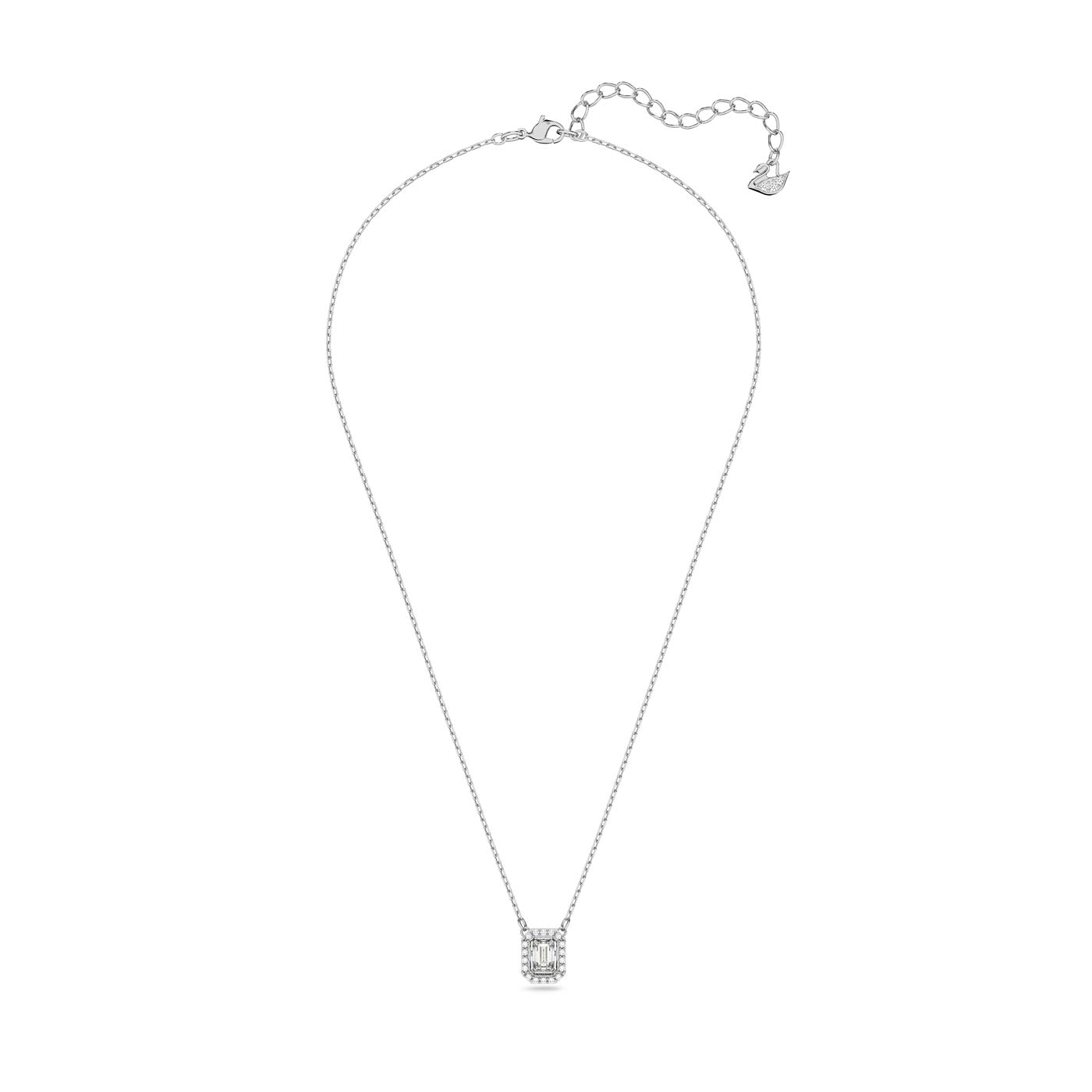 Introducing the Swarovski Millenia Octagon Cut Necklace, a delicate piece from Swarovski featuring an elegant silver chain with an octagon pendant adorned with small, sparkling gemstones. The rhodium-plated chain offers an adjustable clasp and extra links for versatile length options.