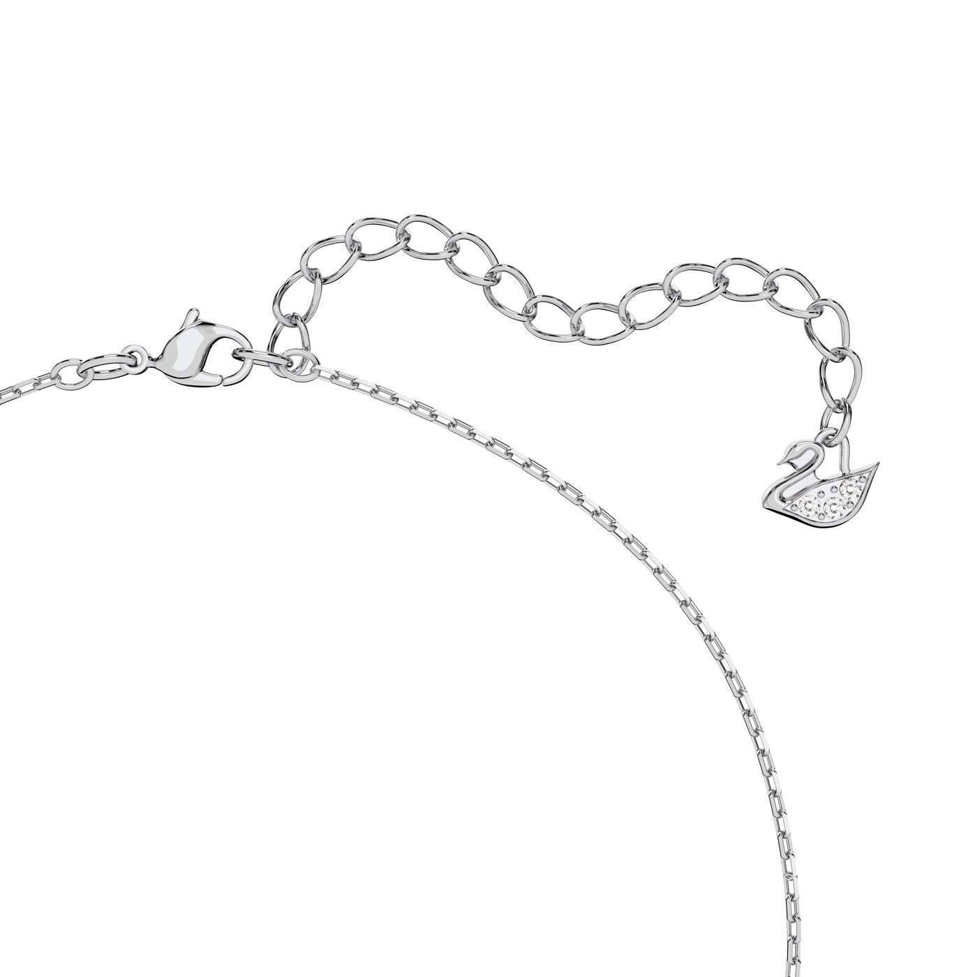 Introducing the Swarovski Millenia Octagon Cut Necklace by Swarovski, this elegant piece showcases a delicate silver design with a small adjustable rhodium-plated chain and lobster clasp. It is adorned with a duck-shaped charm, embellished with tiny crystals that enhance its sparkle against the white background, emphasizing its stunning shine.