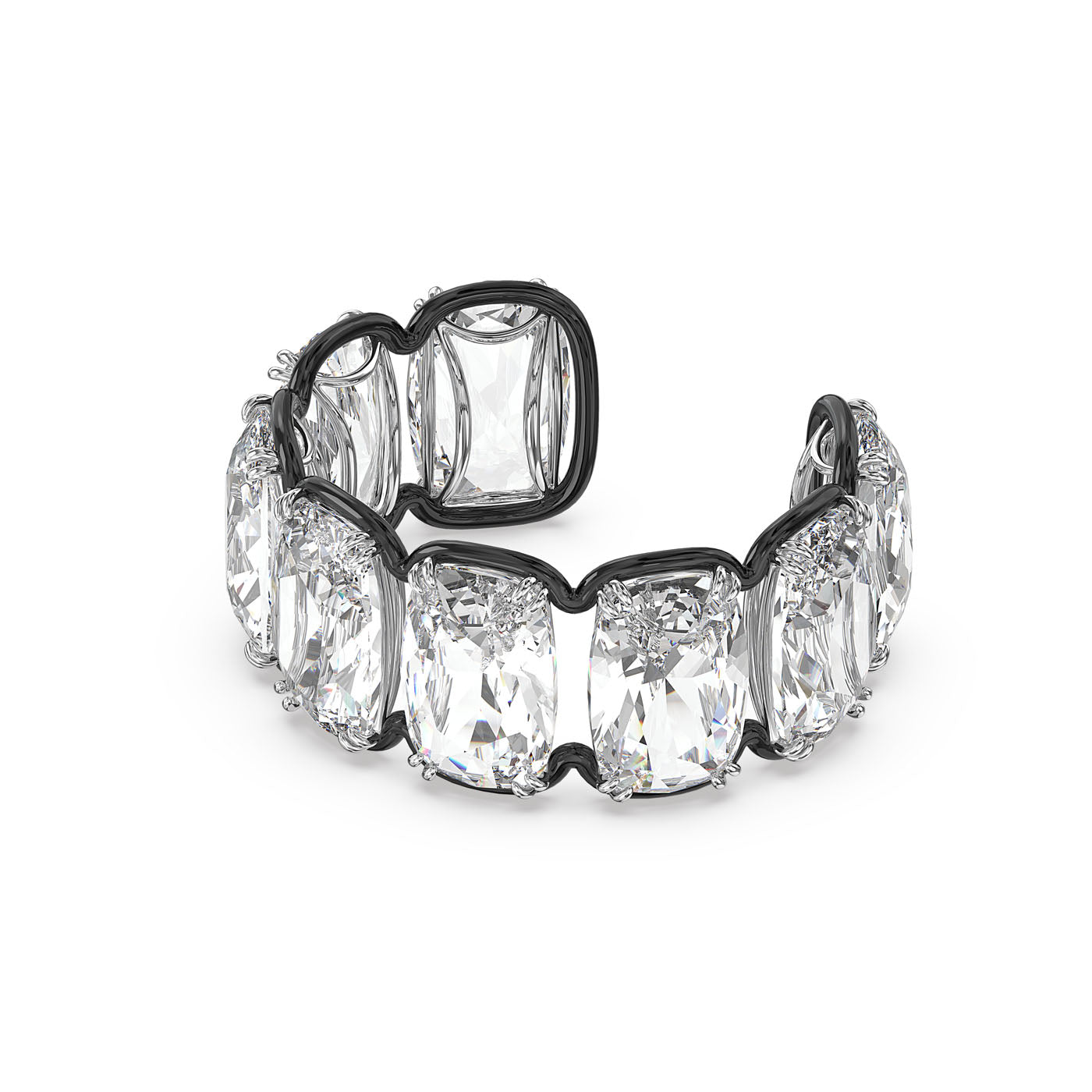 The Swarovski Oversized Floating Crystals Harmonia Cuff is a luxurious bracelet cuff featuring large, cushion-cut white crystals set in a dark metal band, beautifully arranged in a continuous row to accentuate their sparkling facets.