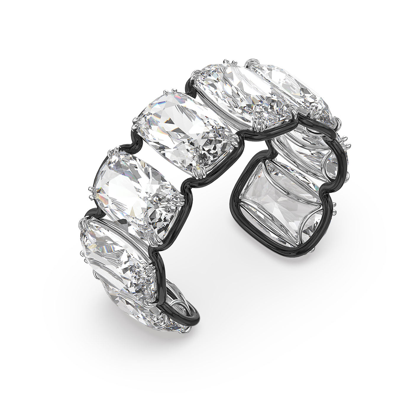The Swarovski Oversized Floating Crystals Harmonia Cuff is a luxurious open cuff bracelet showcasing oversized cushion-cut crystals set in an elegant black metal band, resulting in a stunning and sophisticated look.