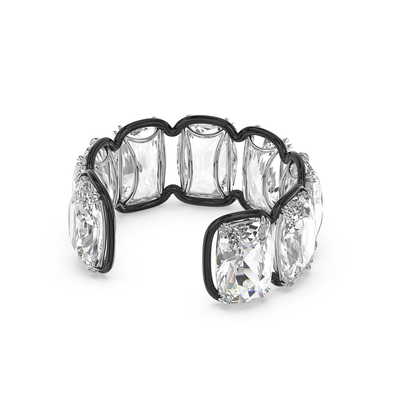 The Swarovski Oversized Floating Crystals Harmonia Cuff is a luxurious piece that features large, rectangular and oval-shaped clear stones set on a black band. As part of the Harmonia family, its design highlights the brilliance and clarity of the Swarovski crystals in a continuous loop.