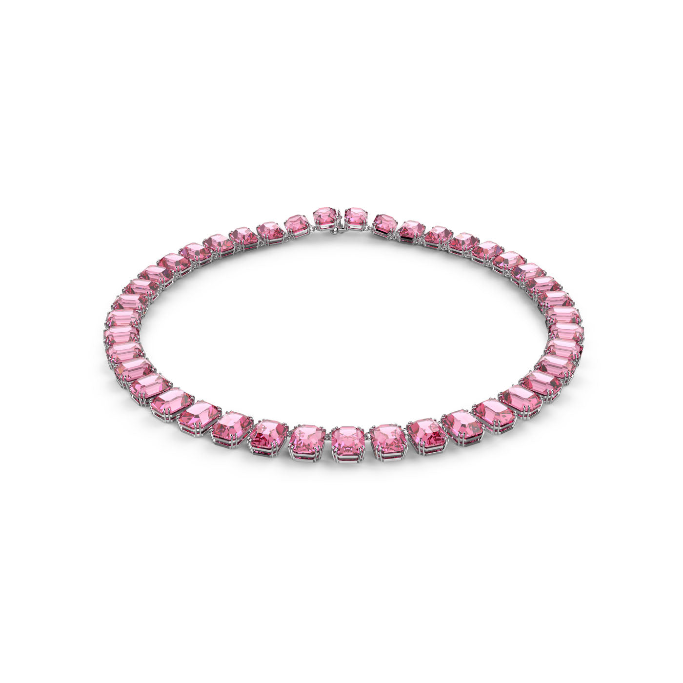 The Swarovski Pink Octagon Cut Crystal Millenia Necklace, set in a silver chain forming a complete circle, showcases its stunning pink octagon-cut crystals against a white background, emphasizing the vibrant stones and the gleam of the silver setting.