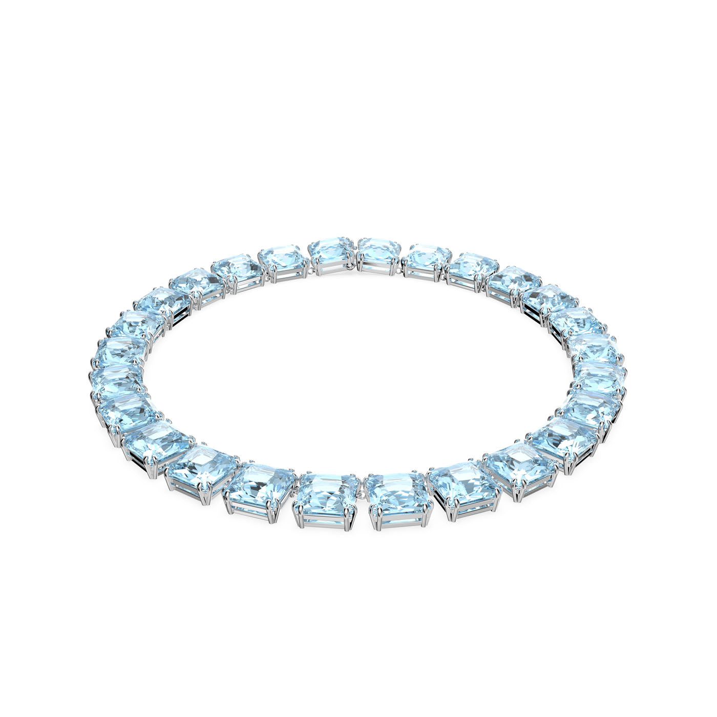 Explore the sophistication of Swarovski with the Cushion Cut Crystal Harmonia Choker. This exquisite piece features a continuous circle of light blue crystals, each square-cut aquamarine gemstone set in a sleek metallic band, all beautifully accentuated against a plain white background.